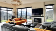Modern living room with rural view.